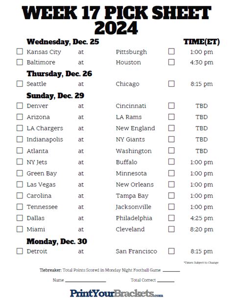 nfl week 17 standings|NFL printable week 17.